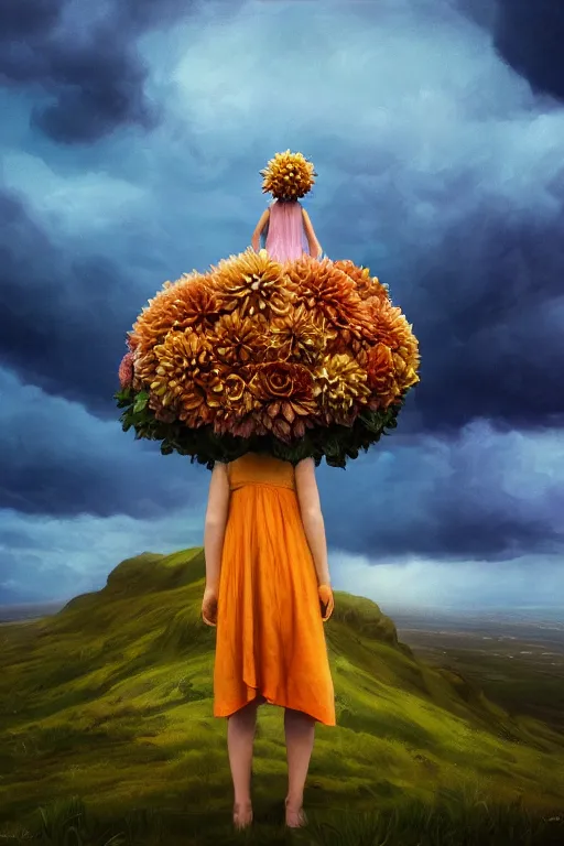 Image similar to closeup giant dahlia flower crown as head, girl standing on mountain, surreal photography, blue storm clouds, dramatic light, impressionist painting, digital painting, artstation, simon stalenhag