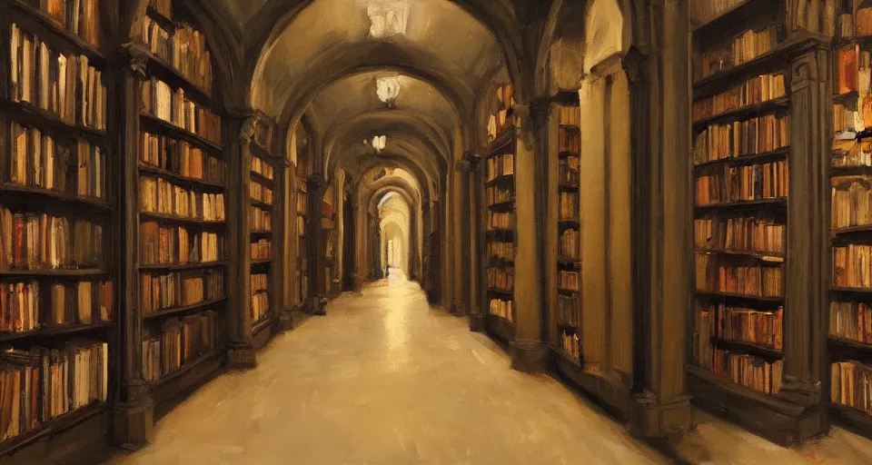 Prompt: Stefan Koidl's painting of a very dark creepy victorian corridor with bookshelves everywhere and two candles. 4k, artstation.