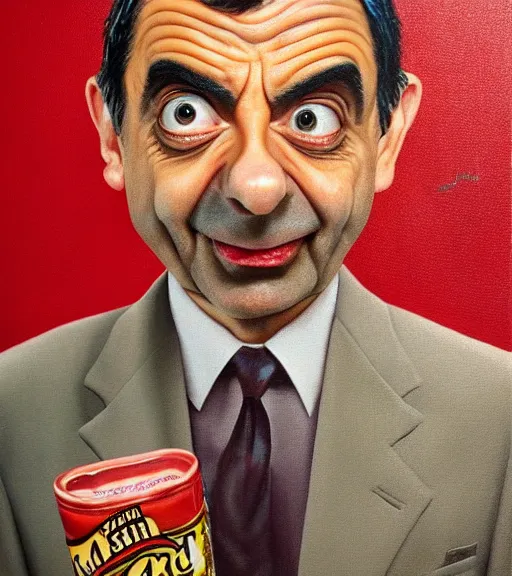 Prompt: mr bean made of baked beans, surrealist oil painting, highly detailed