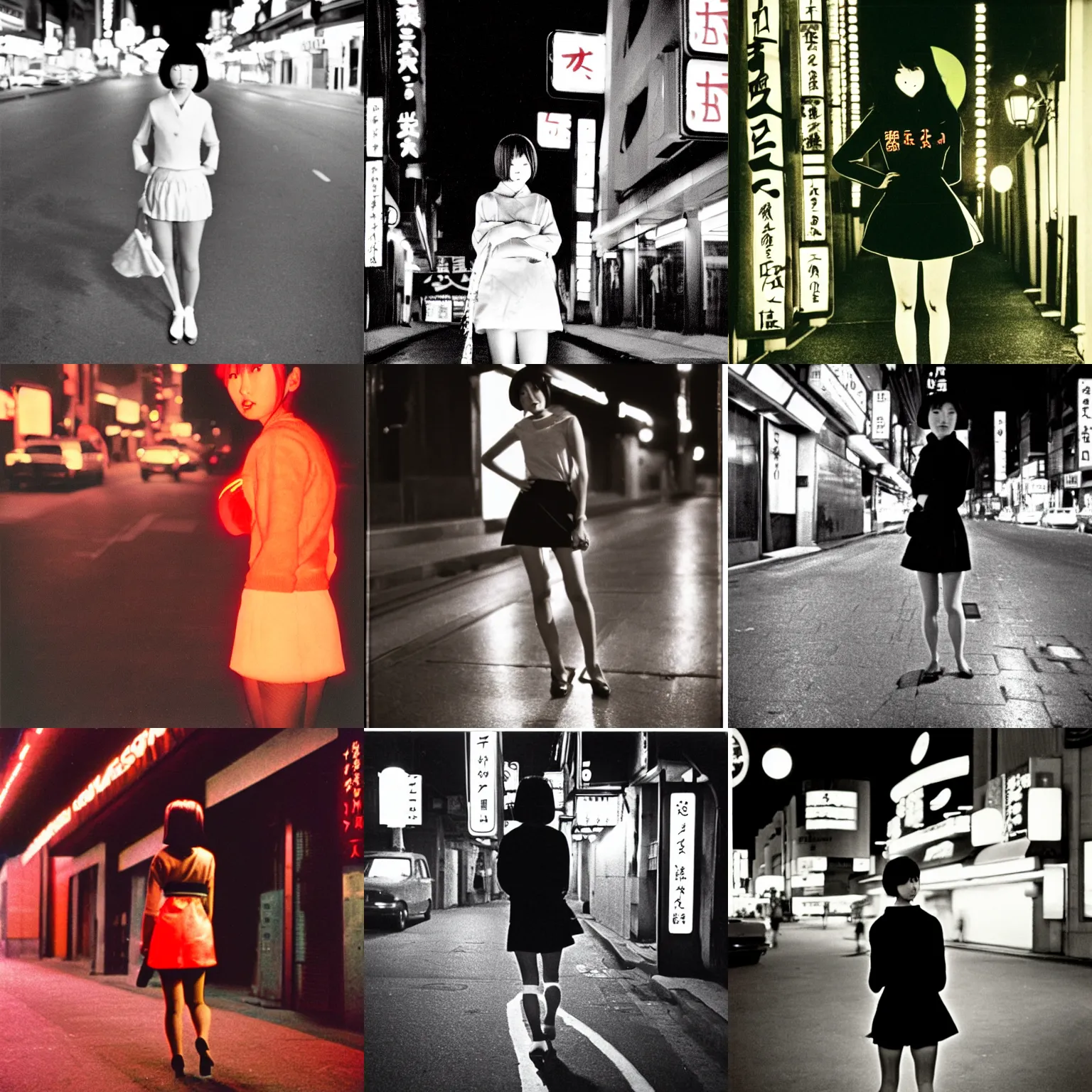 Prompt: A Japanese woman on a street at night, 1966, miniskirt, 35mm photography, red neon lights