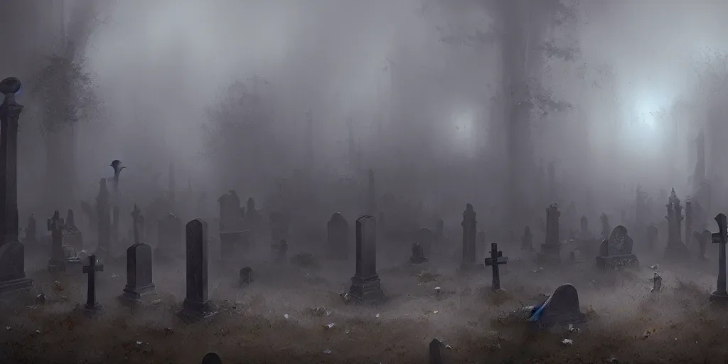 Prompt: , a gloomy cemetery with fog by craig mullins, concept art, artstation, trending on instagram, 8 k, ultra detailed, award winning,