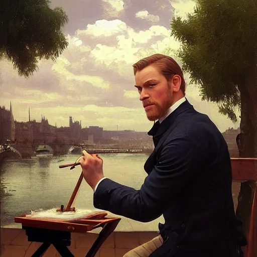 Image similar to mcgregor is dressed as a gentleman at early 2 0 th century paris. he is watching an easel. that easel has a canvas on it. ewan mcgregor has a brush on his hand. he is painting a painting. on background has river seine, morning sun, dark clouds, lightning, by william - adolphe bouguereau