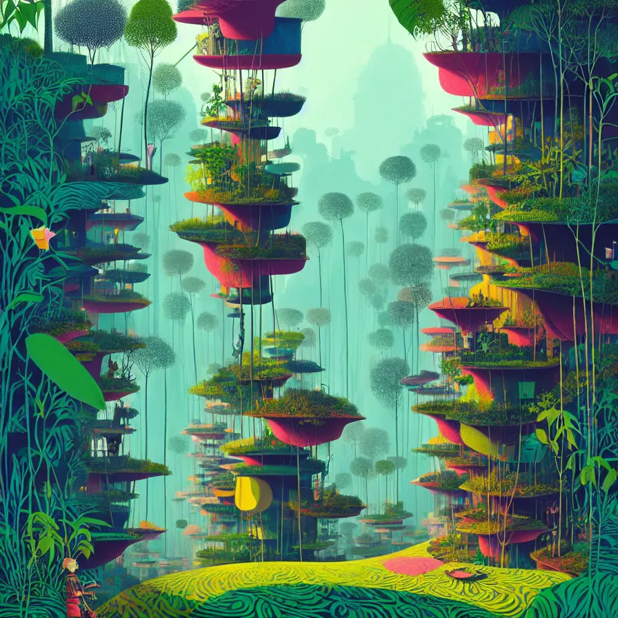 Image similar to surreal gediminas pranckevicius, malaysia jungle, summer morning, very coherent and colorful high contrast art by james gilleard james gurney floralpunk screen printing woodblock, habitat 6 7, dark shadows, pastel color, hard lighting, stippled light, art nouveau, film noir