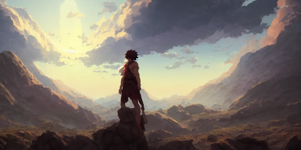 Image similar to ultra realistic, greek god, mountain, colors, 8 k, hd, details, fantasy, epic, ancient city, landscape illustration concept art anime key visual trending pixiv fanbox by wlop and greg rutkowski and makoto shinkai and studio ghibli and kyoto animation symmetrical facial features