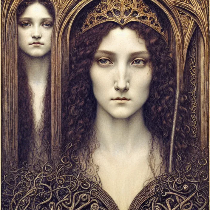 Image similar to detailed realistic beautiful young medieval queen face portrait by jean delville, gustave dore and marco mazzoni, art nouveau, symbolist, visionary, gothic, pre - raphaelite. horizontal symmetry