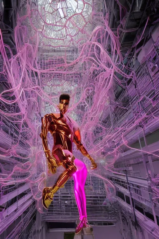 Prompt: full-body baroque and bladerunner style pink neon and chrome statue of a muscular handsome Spanish ninja robot god humanoid wearing a see-through silk cloak sim roupa, posing like a falling model, suspended from the ceiling with thick white cables, glowing peach face, street hoody of red steampunk lasers, emeralds, swirling silver silk fabric. futuristic elements. oozing glowing liquid, full-length view. space robots. human skulls. throne made of bones, intricate artwork by caravaggio. Trending on artstation, octane render, cinematic lighting from the right, hyper realism, octane render, 8k, depth of field, 3D