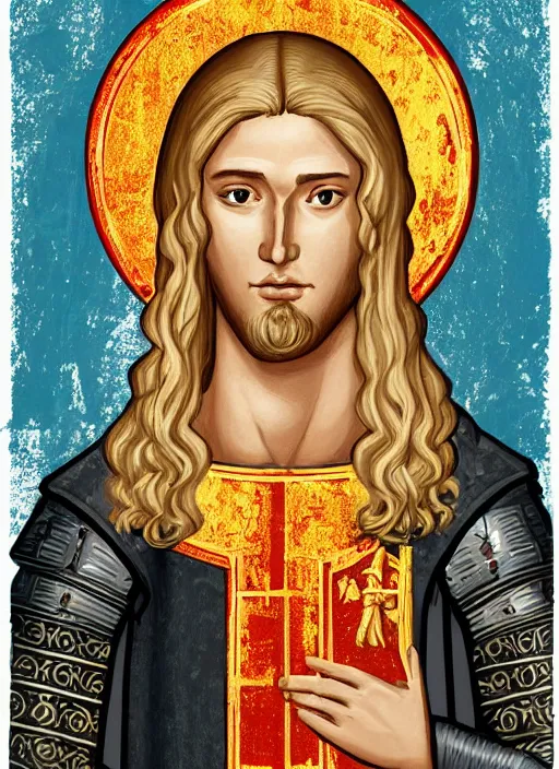 Prompt: medieval iconography of a handsome young knight with a beautiful face and clear skin, long blond hair, knight armor, no helmet, high resolution, clear image, digital art, studio photo, 4 k, clear lines, artstation