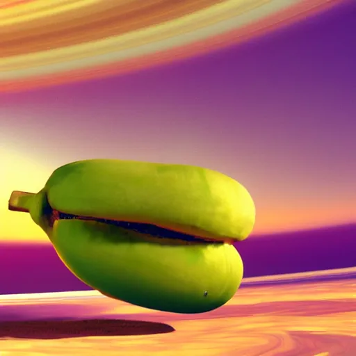 Prompt: a realistic photo of a hungry banana eyes and mouth eating a pickle on Saturn, realistic, 3D render, 8k,