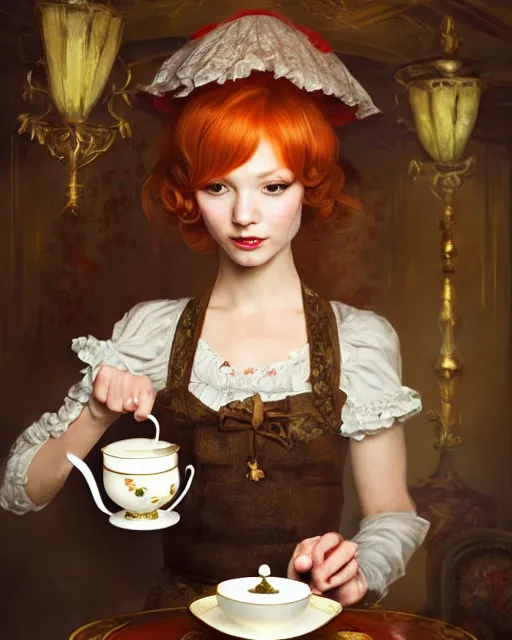 Prompt: maid cafe pouring tea in ornate tea cup, perfect face, bonnet, elegant dress, ginger hair, cinematic, stunning, highly detailed, digital painting, artstation, smooth, hard focus, illustration, art by jessica rossier and and brian froud