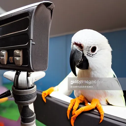 Image similar to a parrot giving a news cast on tv