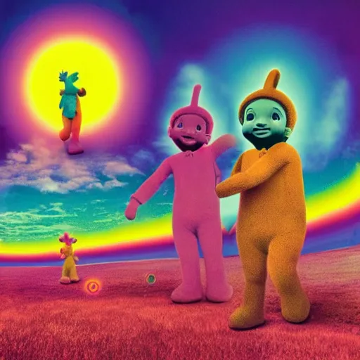 Prompt: teletubbies Tame Impala album cover art