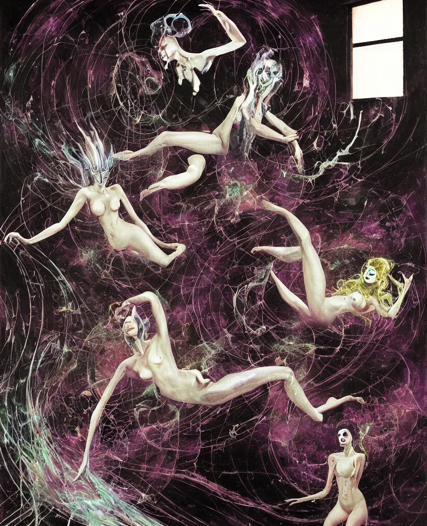 Prompt: Realistic detailed image of one woman sirene bouncing in a living room of a house, floating dark energy surrounds the middle of the room. There is one living room plant to the side of the room, surrounded by a background of dark cyber mystic alchemical transmutation heavenless realm, cover artwork by francis bacon and Jenny seville, midnight hour, part by adrian ghenie, part by jeffrey smith, part by josan gonzales, part by norman rockwell, part by phil hale, part by kim dorland, artstation, highly detailed