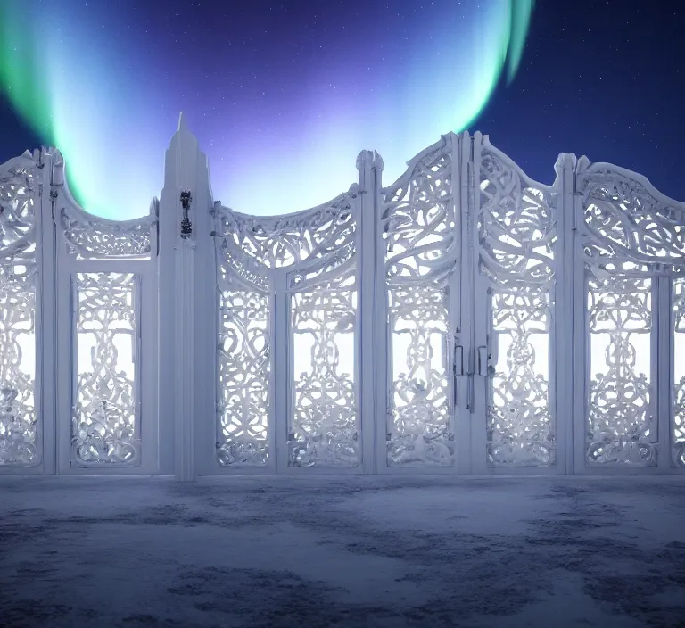 Image similar to a very detailed concept art of intricate and scandinavian white gates to aurora borealis, trending on artstation, symmetry, digital art, 4 k, hyper realistic, octane render, sharp focus