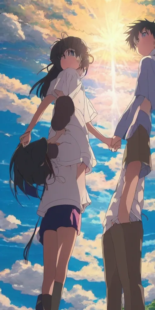 Image similar to a man and a woman holding hands under a beautiful sun drawn like the anime Your Name anime