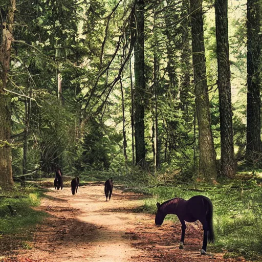 Image similar to two dead horses blocking the path in the woods. each horse has several black - feathered arrows sticking out of it. photo, 4 k