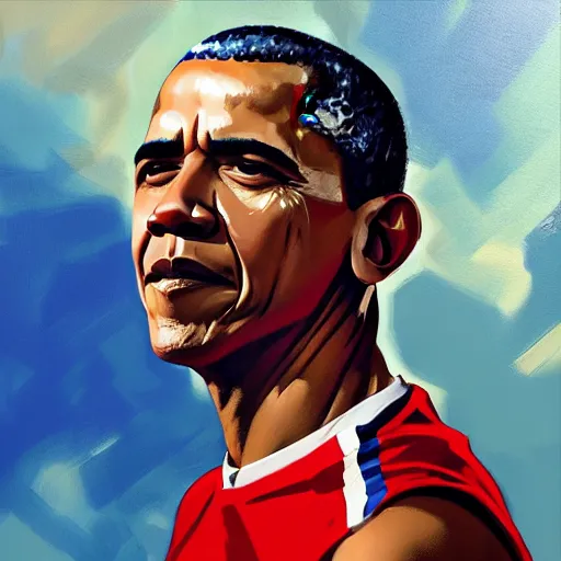 Image similar to Greg Manchess portrait painting of Barack Obama as a basketball player, medium shot, asymmetrical, profile picture, Organic Painting, sunny day, Matte Painting, bold shapes, hard edges, street art, trending on artstation, by Huang Guangjian and Gil Elvgren and Sachin Teng