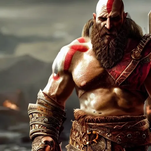 Prompt: highly detailed concept art golden god of war kratos beard strong viking old golden armor in snow walking 8 k, unreal engine 5