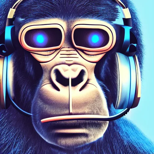 Image similar to a detailed portrait of a cyber punk ape wearing headphones, 8 k