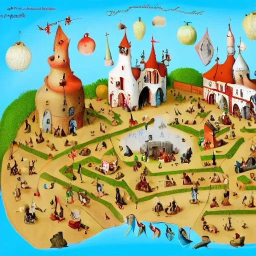 Image similar to santas village by hieronymus bosch, isometric view, whimsical, colorful,