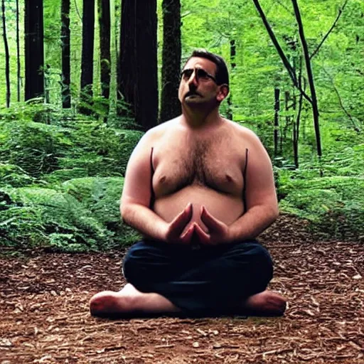 Prompt: chubby Steve Carell meditate in the Forest