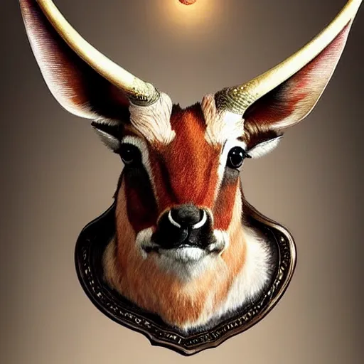 Image similar to “Antelope taxidermy mount that has come to life, happy character, fantastical beast, creature, D&D, fantasy, intricate, cinematic lighting, highly detailed, digital painting, artstation, concept art, smooth, sharp focus, illustration, art by Artgerm and Greg Rutkowski and Alphonse Mucha”