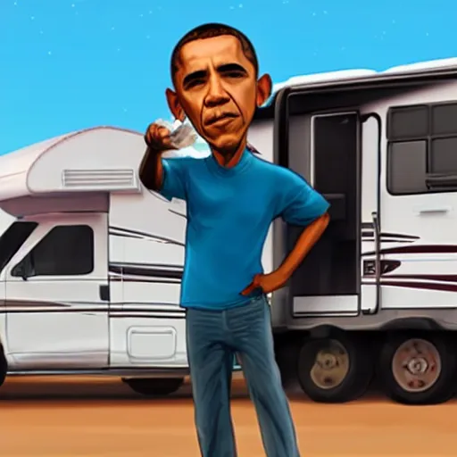 Prompt: obama holding a ziplock bag with baby blue meth, desert background, next to an rv, by stephen bliss, gta loading screen