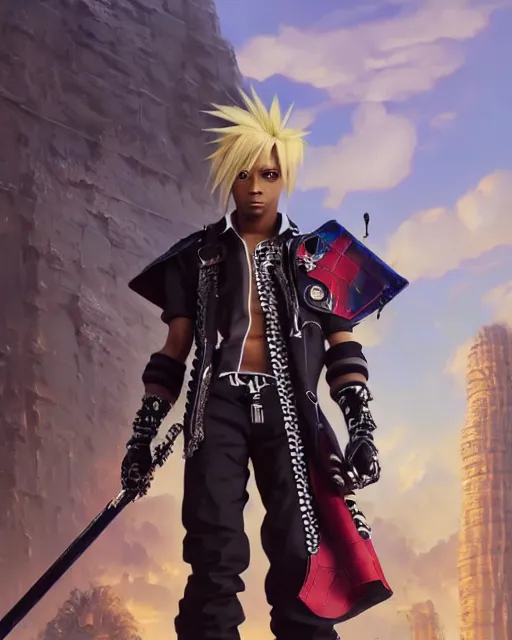 Prompt: highly detailed vfx portrait of a soulja boy wearing cloud strife's outfit from final fantasy vii. unreal engine, greg rutkowski, loish, rhads, beeple, makoto shinkai and lois van baarle, ilya kuvshinov, rossdraws, tom bagshaw, alphonse mucha, global illumination, detailed and intricate environment