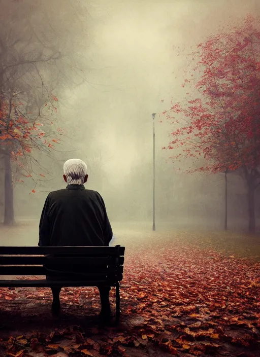 Image similar to conceptual photography portrait of an old man on a park bench fading into nothing, autumn tranquility, forgetfulness, fading to dust and leaves, oblivion, inevitability, aging, surreal portrait, moody, by tom bagshaw, hopeless, 4 k