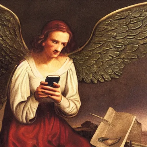 Prompt: the angel of history checking her phone, photo