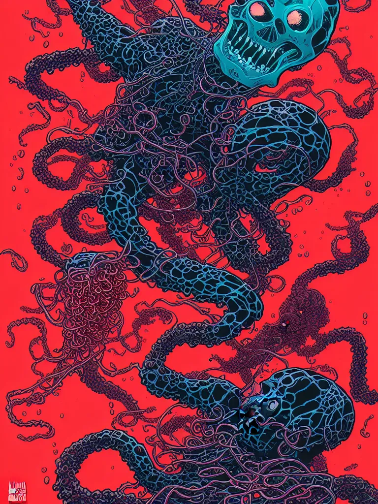 Image similar to a glowing red skull in the sea enveloped by jellyfish tendrils and black seaweed by josan gonzalez and dan mumford and laurie greasley and ross tran, highly detailed, high contrast