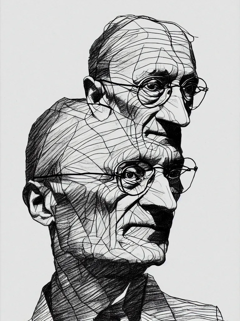 Prompt: wire lineart lines drawing of hermann hesse, bold lines, quick sketch