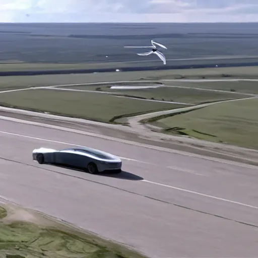 Prompt: ”tesla model 3 with wings flying near nuclear reactor”