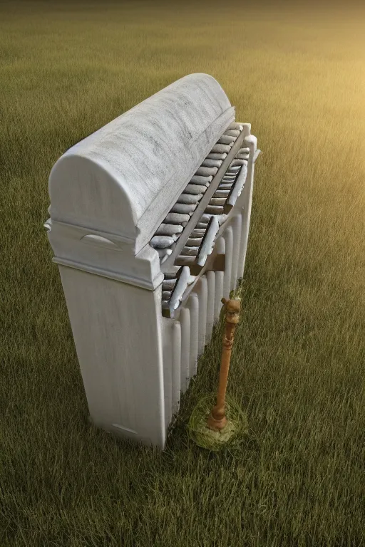 Image similar to a detailed modeling of an isolated lonely large porcelain pipe organ in the middle of a field, intertwined with a lone stone pillar, trending on artstation, render, 3 d, octane, 4 k, 8 k, unreal engine, cinema 4 d, baroque, art deco,