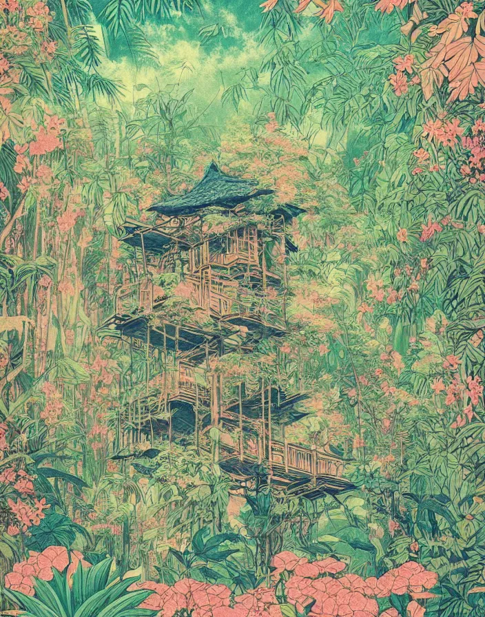 Prompt: floral jungle treehouse, Beautiful vintage Japanese poster, 10% surreal, risograph poster, beautiful colors, deep meaning, Intricate image, moving, Impressionist style, Ghibli art, high detail, dreamy, ethereal