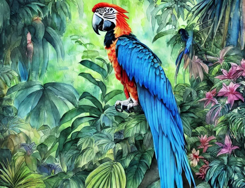 Prompt: faerie macaw in a tropical greenhouse. this watercolor painting by the award - winning mangaka has a beautiful composition, great sense of depth, dramatic lighting and intricate details.