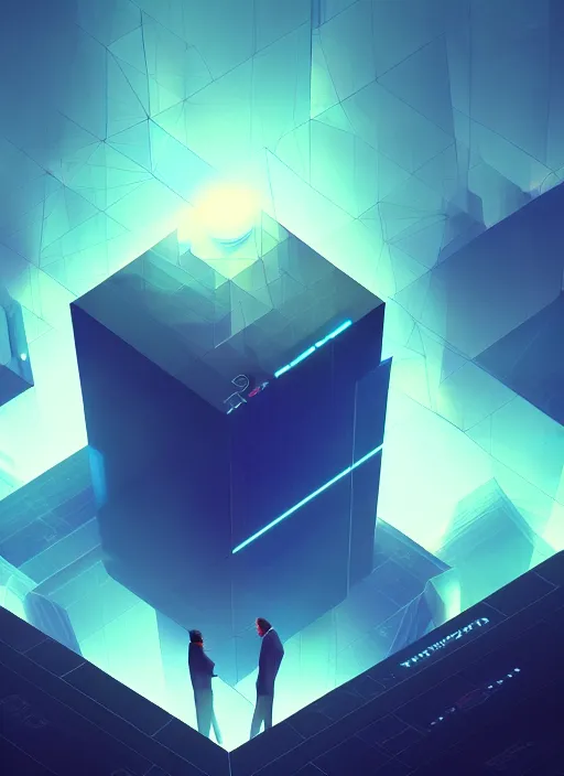 Image similar to abstract data center server, business technology blurred polygonal geometric space, hi tech digital interior, cinematic view, epic sky, detailed, concept art, low angle, high detail, warm lighting, volumetric, godrays, vivid, beautiful, trending on artstation, by jordan grimmer, huge scene, art greg rutkowski