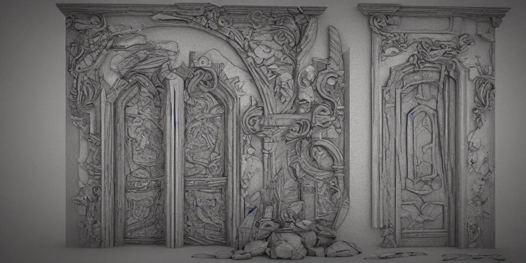 Image similar to 3 d render of a mystical door, ultra detailed with carved stone