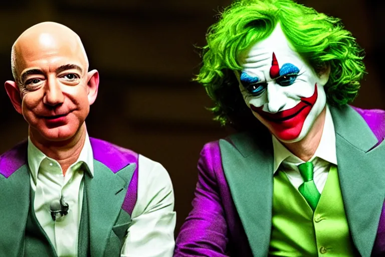 Prompt: jeff bezos in joker (2019), cinematic lighting, extremely detailed, green wig