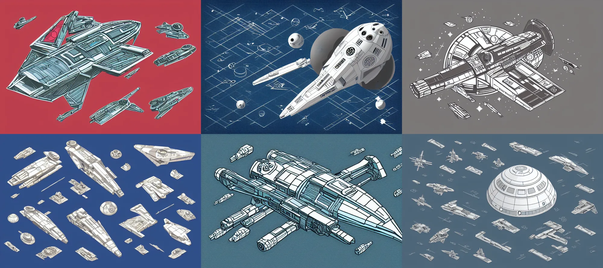 Prompt: alternative star wars spaceship, round shapes, isometric illustration, technical drawing, vector art