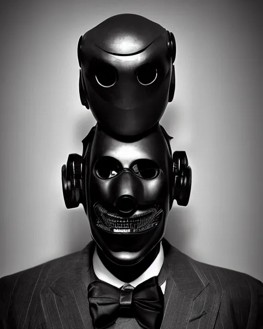 Image similar to Eddie Mendoza portraits of a anthropomorphic-robot cyber-face techno mask in black tie suit retro photo by Louis Daguerre