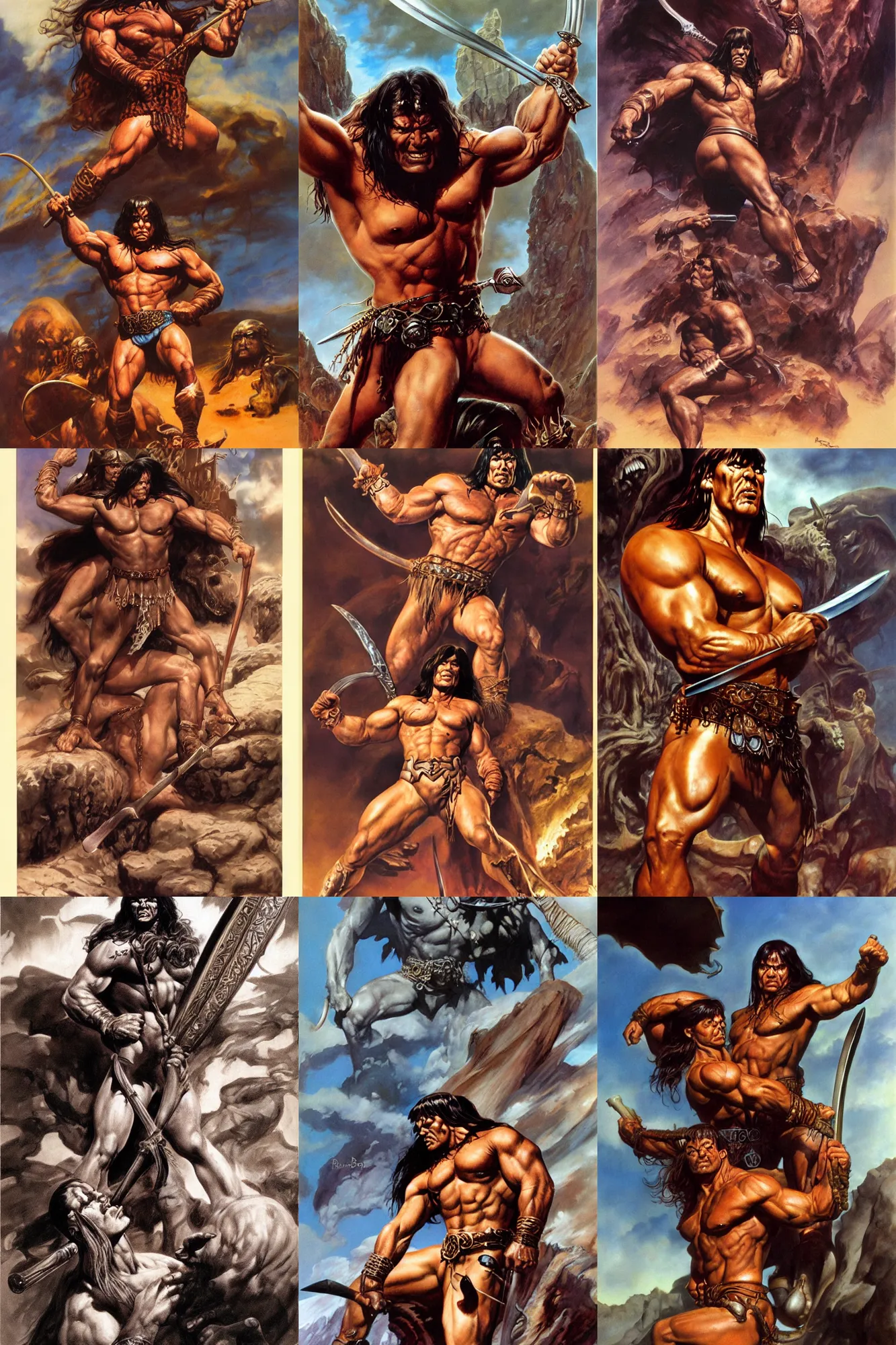 Prompt: robert e. howard, conan the barbarian by boris vallejo, julie bell, luis royo, frank frazetta, frank frazetta, ken kelly, simon bisley, richard corben