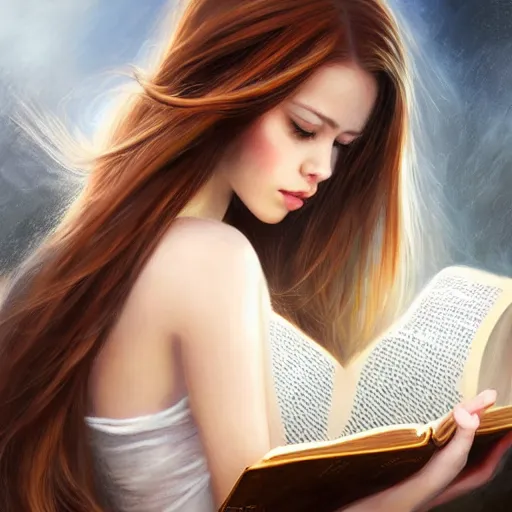 Image similar to a girl reading a book, hair flowing down, 8 k, hyperrealistic, hyperdetailed, fantasy portrait by laura sava