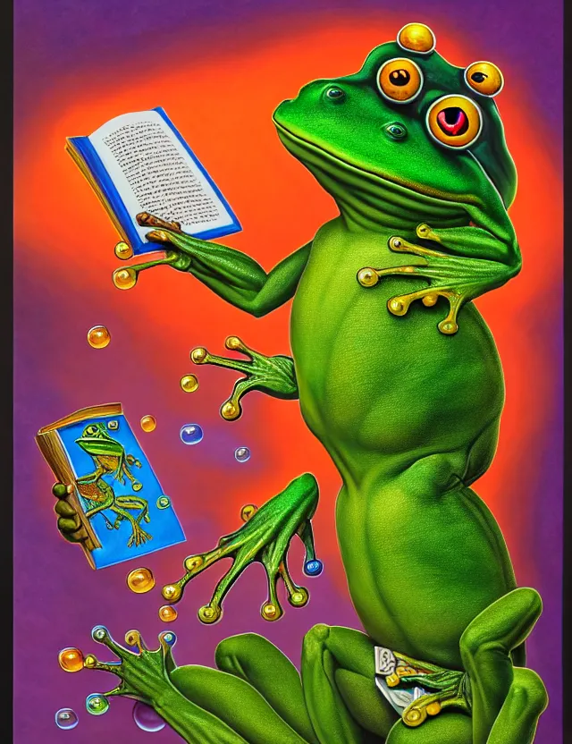 Prompt: anthropomorphic bipedal frog that is dressed in robes, and holding a giant book in his hand, as a matte oil painting and d & d character art, by alex grey, standing, fullbody, floating bubbles, psychedelic, award - winning, extremely detailed, sharp focus