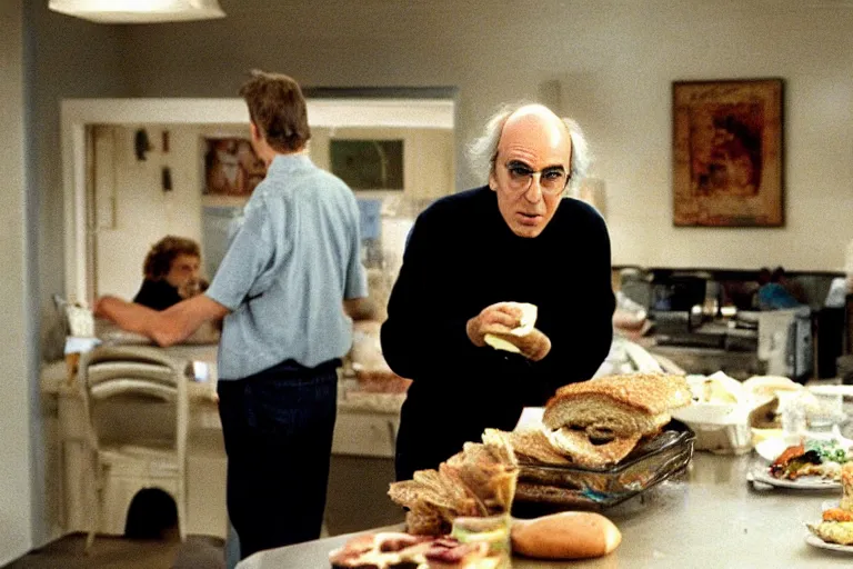 Image similar to larry david eating a sandwich, horror film still, dark atmosphere