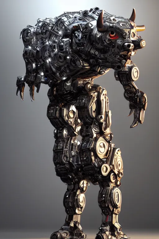 Image similar to a full body shot of a cyborg ( bull ) modeled after a bull looking into the camera, android, cyborg, full body shot, intricate, 3 d, hyper realism, fantasy, depth of field, octane render, symmetrical, highly detailed, digital art, artstation, concept art, cinematic lighting, trending