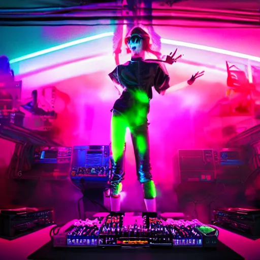 Image similar to Grimes DJing onstage playing with a synthesizer, neon, lambent lighting with vivid and radiant colors, 35mm photography, volumetric lighting, trending on artstation, artstationHD, artstationHQ, 4k, 8k.