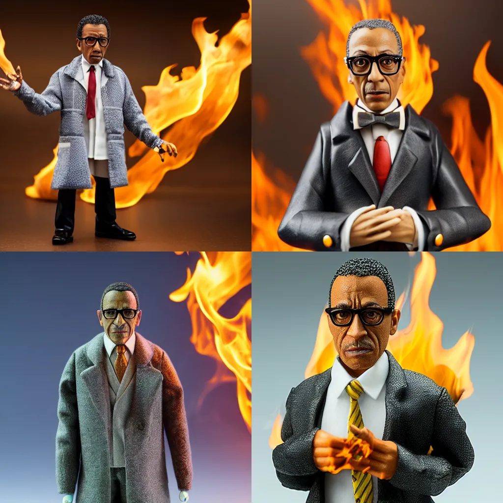 Prompt: Gustavo Fring Action figure, set on fire, studio lighting, studio photograph,