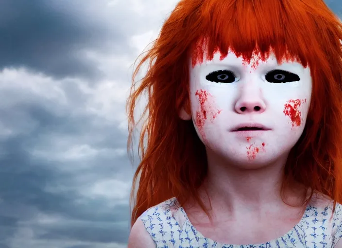 Prompt: a young red - haired girl with an eyepatch scaring little children, 4 k, dolby vision