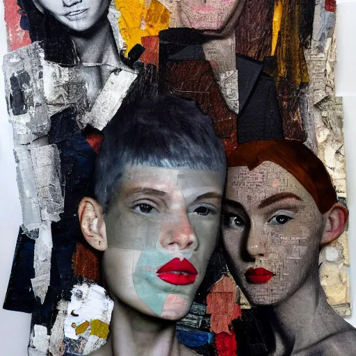 Image similar to a painting made out of Fragments of images taken from online sources, fashion magazines, and family photographs, they all come together to form hybrid faces and figures in the Dadaesque style but with a realist twist, evoking the intimacy and intensity of a face-to-face encounter, contemporary art, mixed media