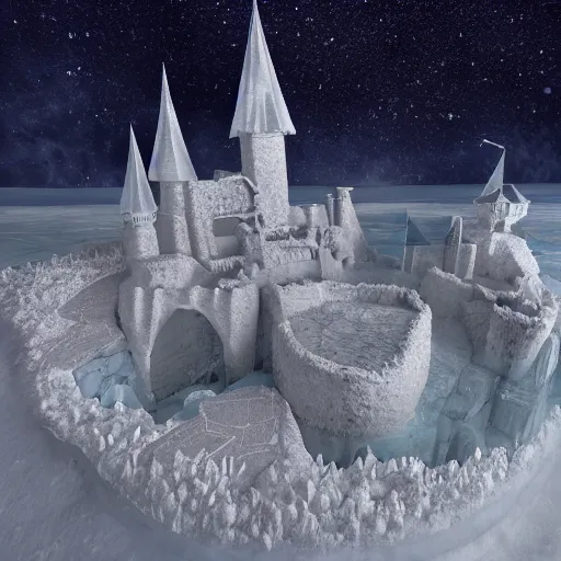 Image similar to A magical castle hovering over the broken Arctic ice sheet blow it, highly detailed, 8k, intricate